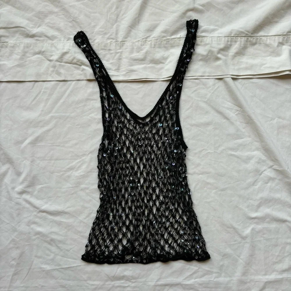 Super rare 90s black beaded sequin crochet mesh cami top tank top